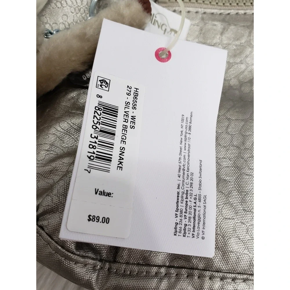 NEW Kipling Wes Metallic Crossbody Bag  HB6556 SILVER BEIGE SNAKE purse travel